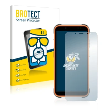Parte frontal de un envase de producto con el logotipo de la marca BROTECT. Al lado se muestra el dispositivo Ulefone Power Ar