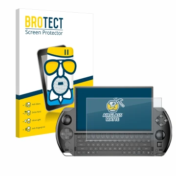 Parte frontal de un envase de producto con el logotipo de la marca BROTECT. Al lado se muestra el dispositivo GPD Win 4 con su