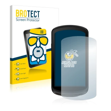 Parte frontal de un envase de producto con el logotipo de la marca BROTECT. Al lado se muestra el dispositivo Garmin Edge 1040