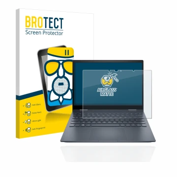 Parte frontal de un envase de producto con el logotipo de la marca BROTECT. Al lado se muestra el dispositivo HP Envy x360 13-