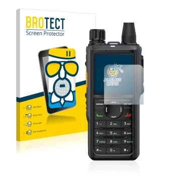 Parte frontal de un envase de producto con el logotipo de la marca BROTECT. Al lado se muestra el dispositivo Hytera HP 685 co