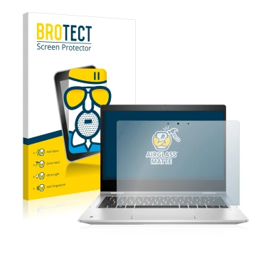 Parte frontal de un envase de producto con el logotipo de la marca BROTECT. Al lado se muestra el dispositivo HP ProBook x360 