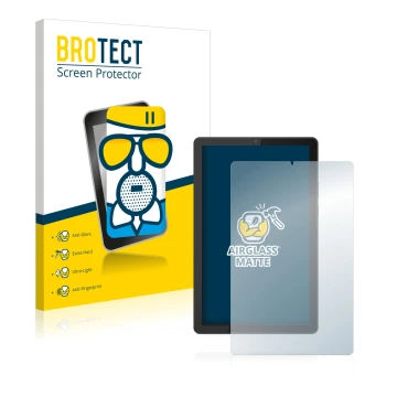 Parte frontal de un envase de producto con el logotipo de la marca BROTECT. Al lado se muestra el dispositivo Lenovo Tab M9 co