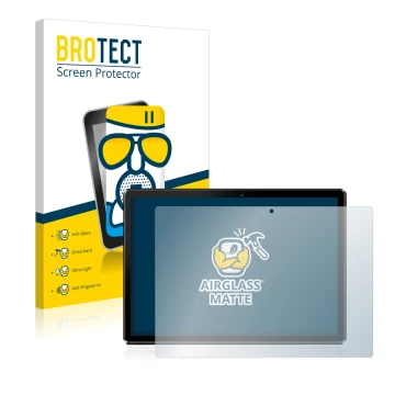 Parte frontal de un envase de producto con el logotipo de la marca BROTECT. Al lado se muestra el dispositivo Pritom M10 10.1