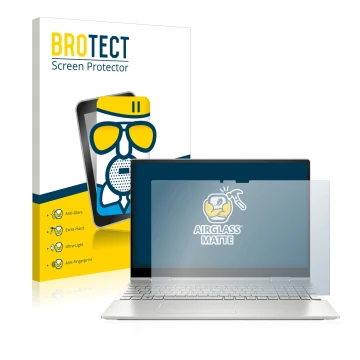 Parte frontal de un envase de producto con el logotipo de la marca BROTECT. Al lado se muestra el dispositivo HP Envy x360 2-i