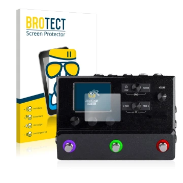 Parte frontal de un envase de producto con el logotipo de la marca BROTECT. Al lado se muestra el dispositivo Line 6 hx stomp 