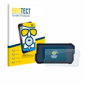 Parte frontal de un envase de producto con el logotipo de la marca BROTECT. Al lado se muestra el dispositivo KTM 390 Duke 201