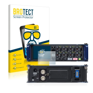 Parte frontal de un envase de producto con el logotipo de la marca BROTECT. Al lado se muestra el dispositivo Zoom F8 field re