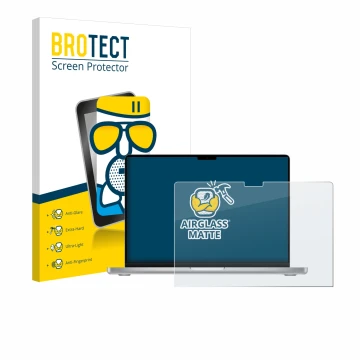 Parte frontal de un envase de producto con el logotipo de la marca BROTECT. Al lado se muestra el dispositivo Apple MacBook Pr