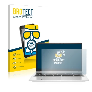 Parte frontal de un envase de producto con el logotipo de la marca BROTECT. Al lado se muestra el dispositivo HP EliteBook 650