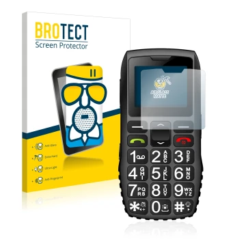 Parte frontal de un envase de producto con el logotipo de la marca BROTECT. Al lado se muestra el dispositivo artfone C1 + con