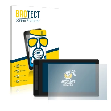 Parte frontal de un envase de producto con el logotipo de la marca BROTECT. Al lado se muestra el dispositivo Huion Kamvas Pro