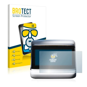 Parte frontal de un envase de producto con el logotipo de la marca BROTECT. Al lado se muestra el dispositivo Tesla Model S Pl