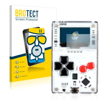 Parte frontal de un envase de producto con el logotipo de la marca BROTECT. Al lado se muestra el dispositivo Arduboy FX con s