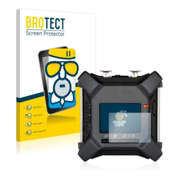 Parte frontal de un envase de producto con el logotipo de la marca BROTECT. Al lado se muestra el dispositivo Zoom F3 field re