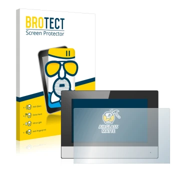 Parte frontal de un envase de producto con el logotipo de la marca BROTECT. Al lado se muestra el dispositivo Hikvision DS-KH6