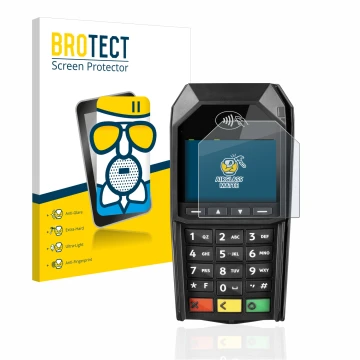 Parte frontal de un envase de producto con el logotipo de la marca BROTECT. Al lado se muestra el dispositivo ingenico Desk/16