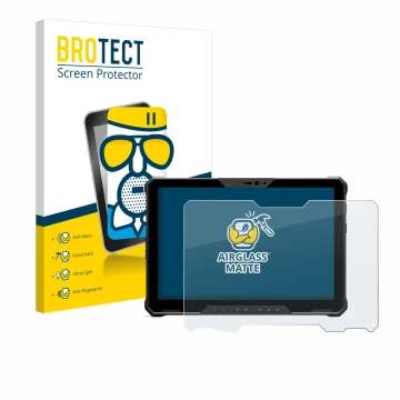 Parte frontal de un envase de producto con el logotipo de la marca BROTECT. Al lado se muestra el dispositivo Dell Latitude 72