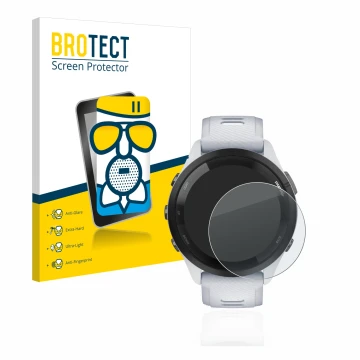 Parte frontal de un envase de producto con el logotipo de la marca BROTECT. Al lado se muestra el dispositivo Garmin Forerunne