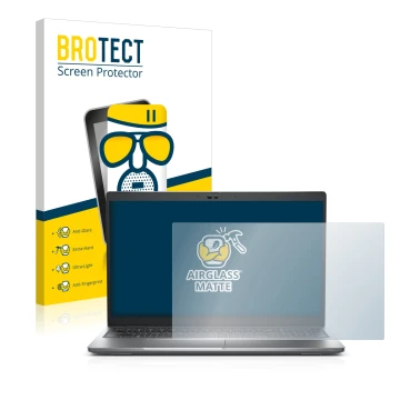 Parte frontal de un envase de producto con el logotipo de la marca BROTECT. Al lado se muestra el dispositivo Dell Latitude 55