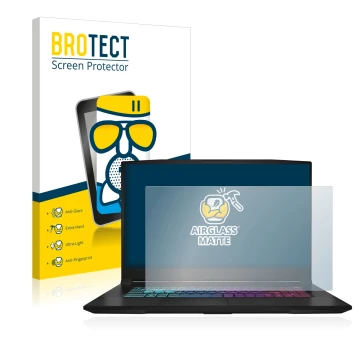 Parte frontal de un envase de producto con el logotipo de la marca BROTECT. Al lado se muestra el dispositivo MSI Katana 17 B1