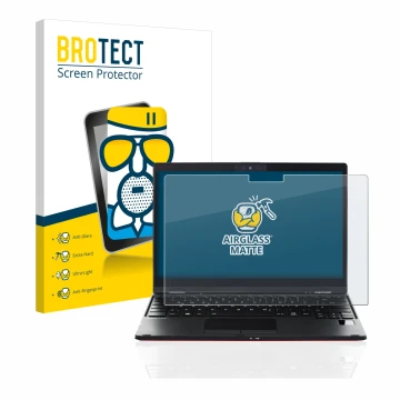 Parte frontal de un envase de producto con el logotipo de la marca BROTECT. Al lado se muestra el dispositivo Fujitsu Lifebook