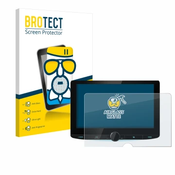 Parte frontal de un envase de producto con el logotipo de la marca BROTECT. Al lado se muestra el dispositivo Kenwood DNR992RV