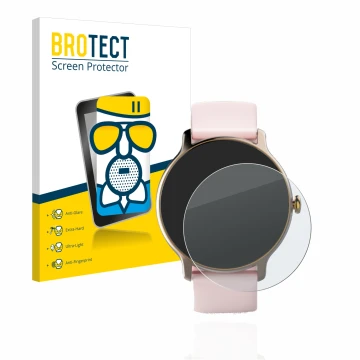 Parte frontal de un envase de producto con el logotipo de la marca BROTECT. Al lado se muestra el dispositivo Hama Fit Watch 4
