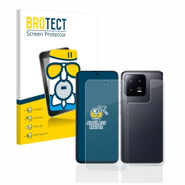 Parte frontal de un envase de producto con el logotipo de la marca BROTECT. Al lado se muestra el dispositivo Xiaomi 13 (Front