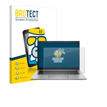 Parte frontal de un envase de producto con el logotipo de la marca BROTECT. Al lado se muestra el dispositivo HP Zbook Firefly