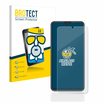 Parte frontal de un envase de producto con el logotipo de la marca BROTECT. Al lado se muestra el dispositivo Beafon M6s premi