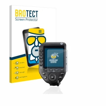 Parte frontal de un envase de producto con el logotipo de la marca BROTECT. Al lado se muestra el dispositivo Godox XPro II co