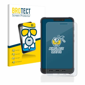 Parte frontal de un envase de producto con el logotipo de la marca BROTECT. Al lado se muestra el dispositivo Samsung Galaxy T