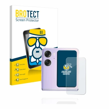 Parte frontal de un envase de producto con el logotipo de la marca BROTECT. Al lado se muestra el dispositivo Oppo Find N2 Fli