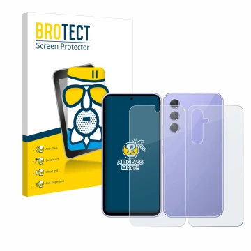 Parte frontal de un envase de producto con el logotipo de la marca BROTECT. Al lado se muestra el dispositivo Samsung Galaxy A