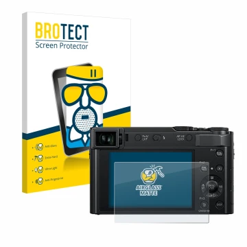 Parte frontal de un envase de producto con el logotipo de la marca BROTECT. Al lado se muestra el dispositivo Panasonic Lumix 