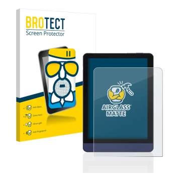 Parte frontal de un envase de producto con el logotipo de la marca BROTECT. Al lado se muestra el dispositivo Meebook M6 6