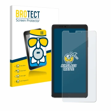 Parte frontal de un envase de producto con el logotipo de la marca BROTECT. Al lado se muestra el dispositivo Hisense A9 con s