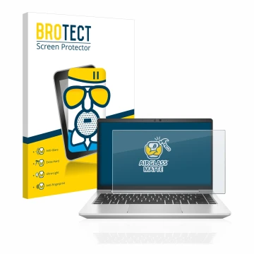 Parte frontal de un envase de producto con el logotipo de la marca BROTECT. Al lado se muestra el dispositivo HP EliteBook 640