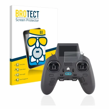 Parte frontal de un envase de producto con el logotipo de la marca BROTECT. Al lado se muestra el dispositivo Radiomaster Zorr