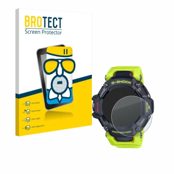Parte frontal de un envase de producto con el logotipo de la marca BROTECT. Al lado se muestra el dispositivo Casio G-Shock GB