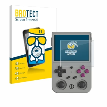 Parte frontal de un envase de producto con el logotipo de la marca BROTECT. Al lado se muestra el dispositivo Anbernic RG353V 