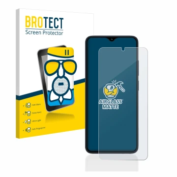 Parte frontal de un envase de producto con el logotipo de la marca BROTECT. Al lado se muestra el dispositivo Xiaomi Redmi 12C