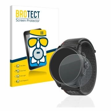 Parte frontal de un envase de producto con el logotipo de la marca BROTECT. Al lado se muestra el dispositivo Coros Apex 2 con