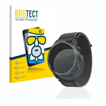 Parte frontal de un envase de producto con el logotipo de la marca BROTECT. Al lado se muestra el dispositivo Coros Apex 2 Pro