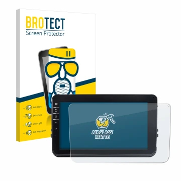 Parte frontal de un envase de producto con el logotipo de la marca BROTECT. Al lado se muestra el dispositivo Dynavin D8-V8 8