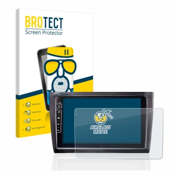 Parte frontal de un envase de producto con el logotipo de la marca BROTECT. Al lado se muestra el dispositivo Dynavin D8-DF56 