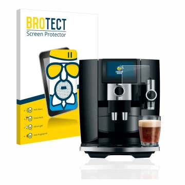 Parte frontal de un envase de producto con el logotipo de la marca BROTECT. Al lado se muestra el dispositivo Jura J8 con su p
