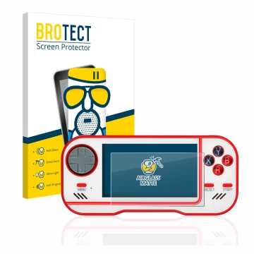Parte frontal de un envase de producto con el logotipo de la marca BROTECT. Al lado se muestra el dispositivo Blaze Evercade c