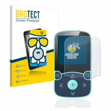 Parte frontal de un envase de producto con el logotipo de la marca BROTECT. Al lado se muestra el dispositivo AGPtek A65X MP3 